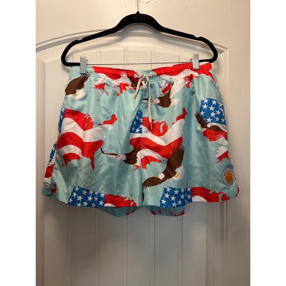 Ambsn Men’s Lace-Up Drawstring Eagle Print Swim Trunks Shorts Size XL Blue Red - Picture 1 of 3